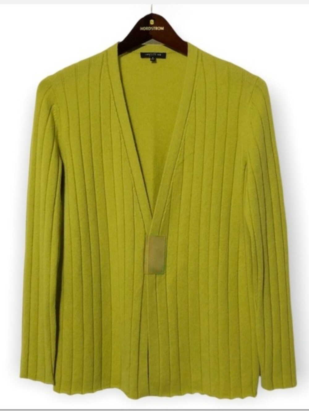 Lafayette 148 100% Cashmere Ribbed V-Neck Cardigan in Chartreuse Green S 2